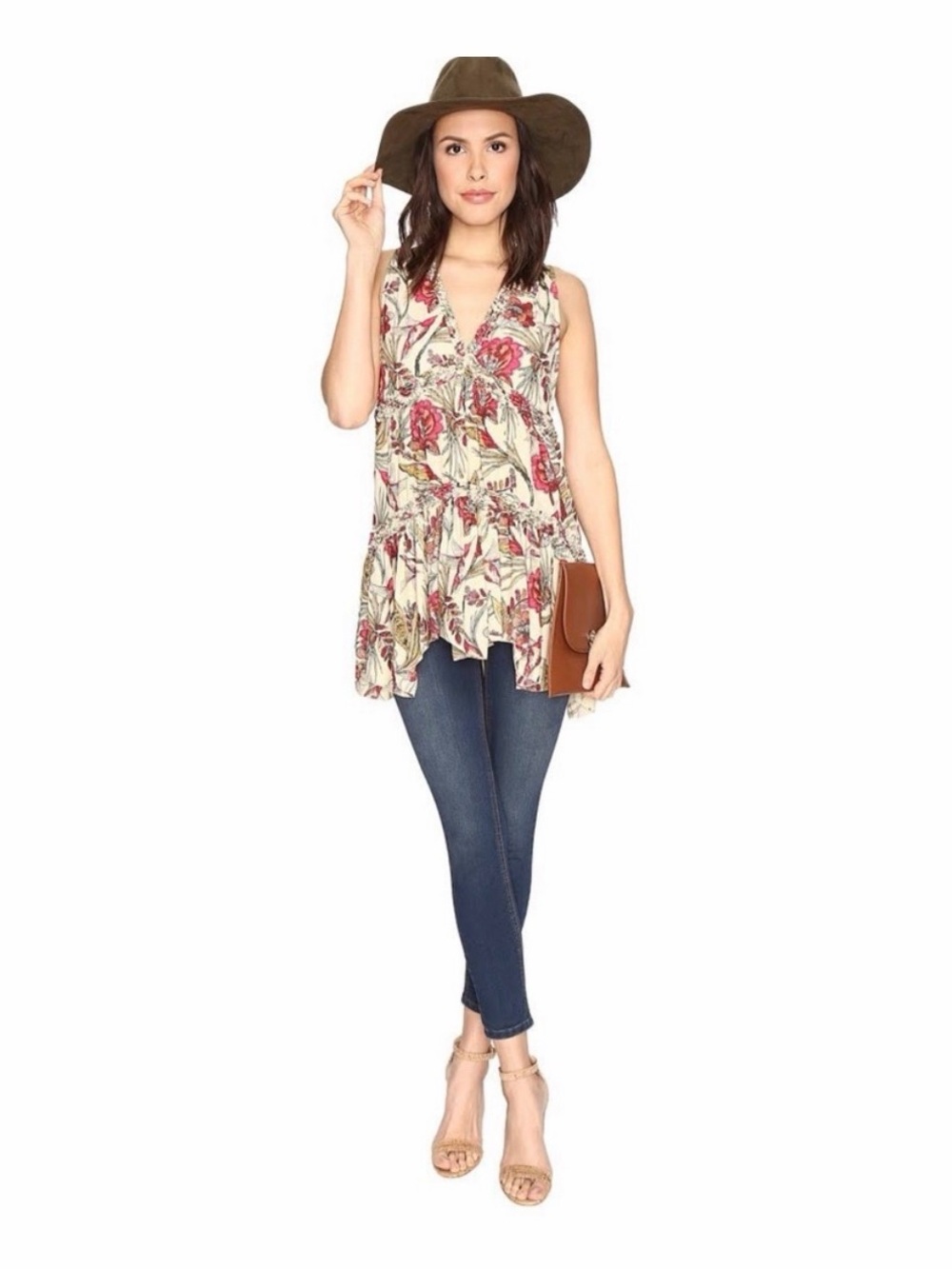Free People Top Haze Hummingbird Tunic Floral Tiered Boho Whimsical Romantic Tan
